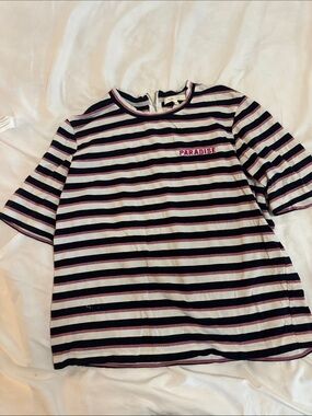 Maje Kids Striped 'PARADISE' Tee - Black, White & Pink